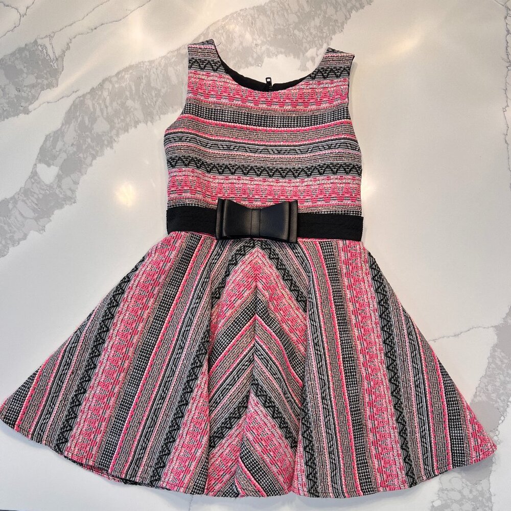 Zoë LTD Pink & Black Tweed Striped Bow Belt Dress - Like-new